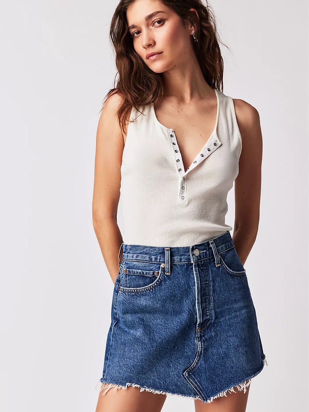 Agolde Parker Angled Hem Denim Skirt in Favor Wash